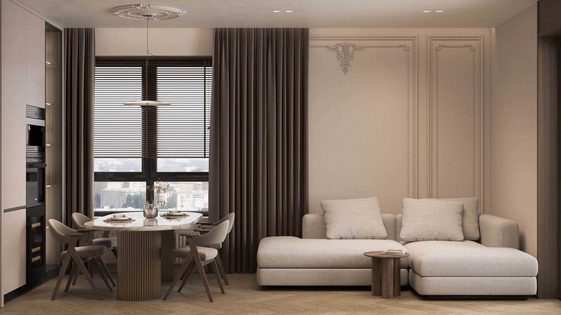 Дизайн проект кухни гостиной в стиле неоклассика